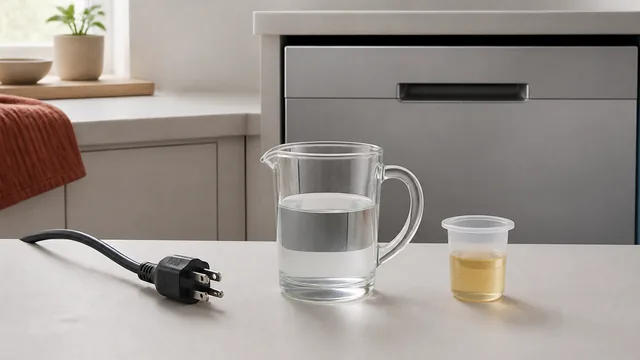食洗機の前に、電源プラグ、水差し、洗剤用の小さな計量カップを並べた様子