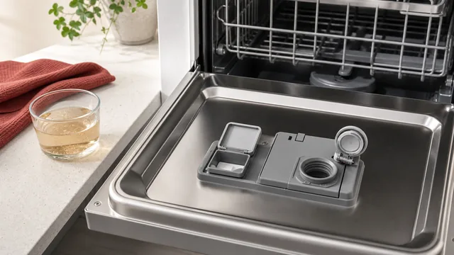 食洗機の内側に、手動投入用のカップと独立した自動投入用タンクを示した様子